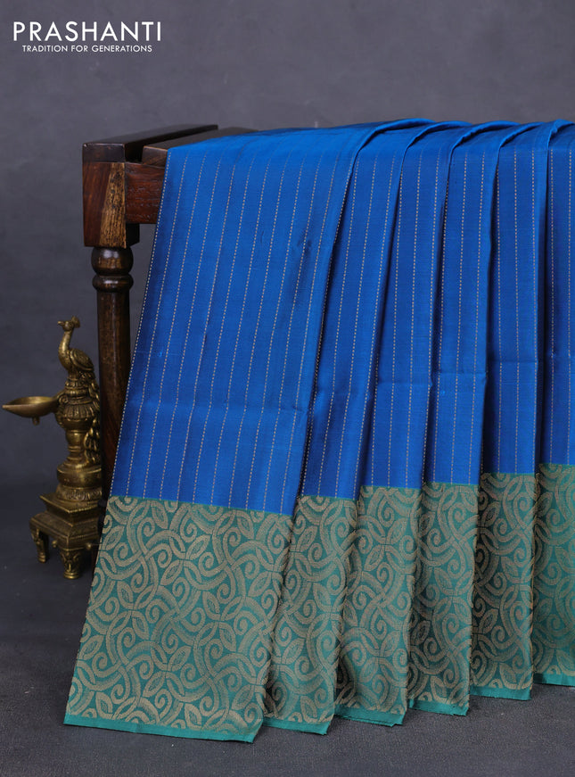Kanchipuram soft silk saree peacock blue and pastel green with allover zari weaves and pining border