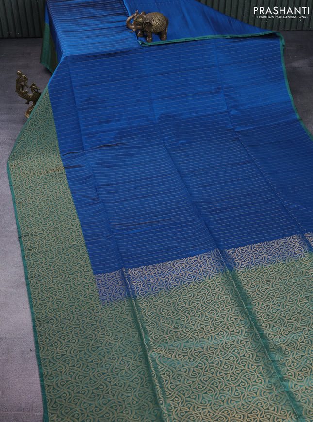 Kanchipuram soft silk saree peacock blue and pastel green with allover zari weaves and pining border