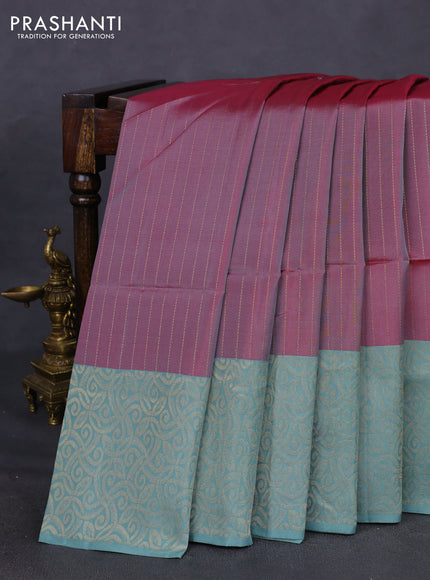 Kanchipuram soft silk saree dual shade of pink and pastel green with allover zari weaves and zari woven border
