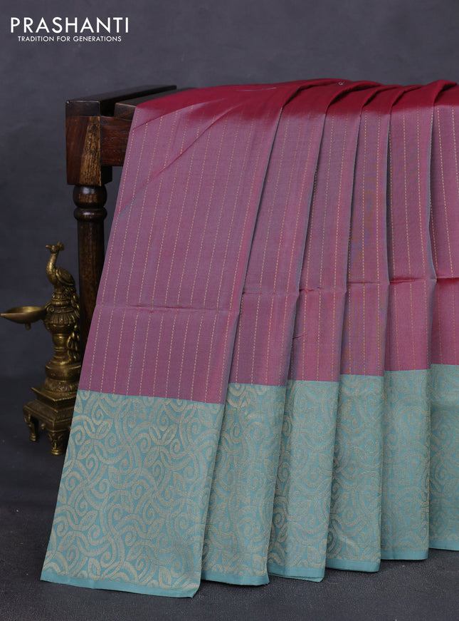 Kanchipuram soft silk saree dual shade of pink and pastel green with allover zari weaves and zari woven border