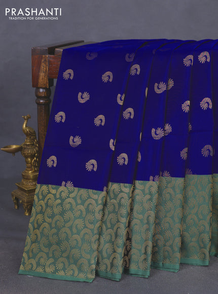 Kanchipuram soft silk saree blue and pastel green with allover zari woven buttas and zari woven border