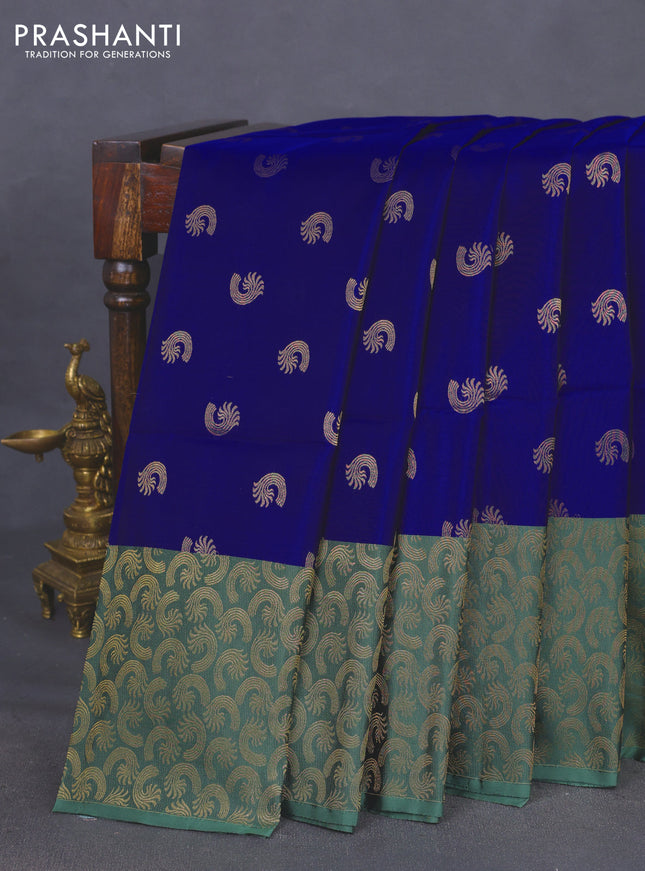 Kanchipuram soft silk saree blue and pastel green with allover zari woven buttas and zari woven border