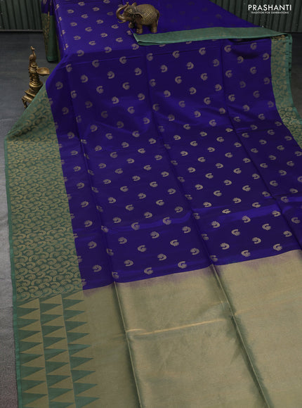 Kanchipuram soft silk saree blue and pastel green with allover zari woven buttas and zari woven border
