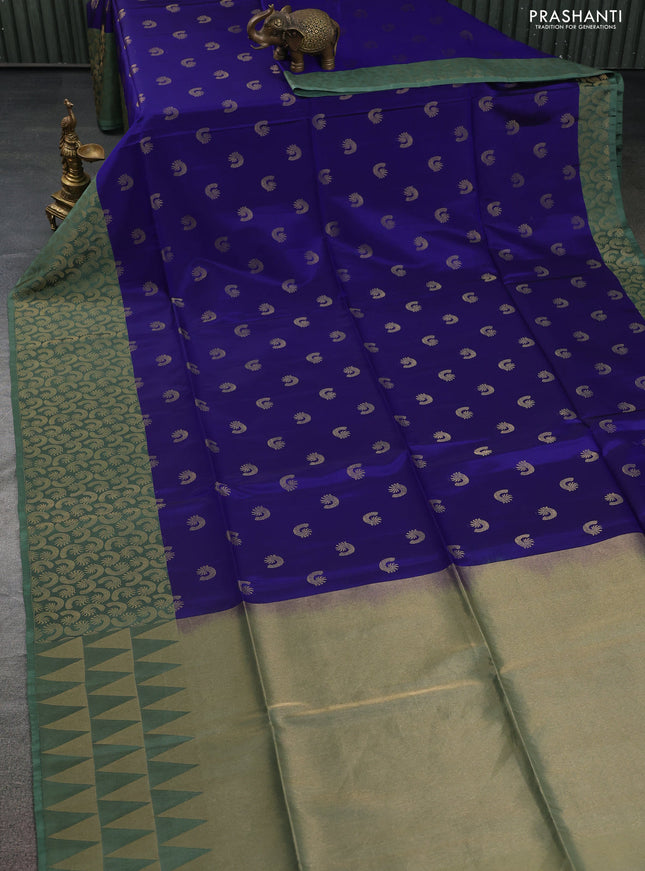Kanchipuram soft silk saree blue and pastel green with allover zari woven buttas and zari woven border