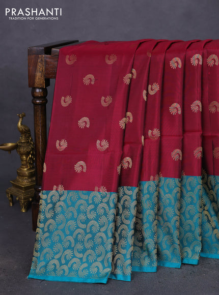 Kanchipuram soft silk saree dark magenta pink and teal green shade with allover zari woven buttas and rich zari woven border