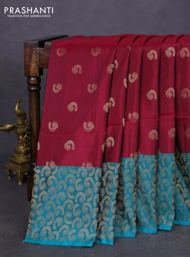 Kanchipuram soft silk saree dark magenta pink and teal green shade with allover zari woven buttas and rich zari woven border