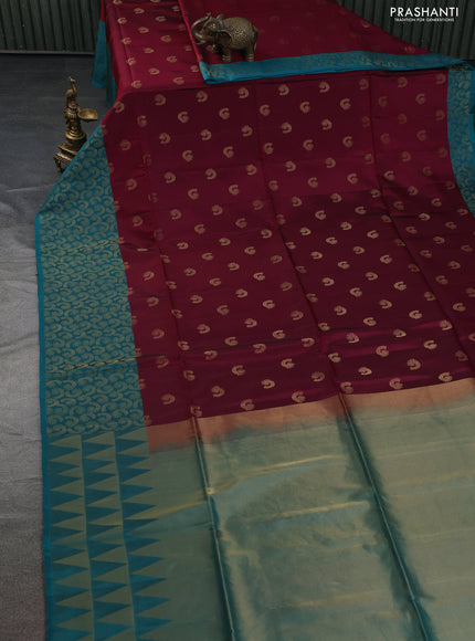 Kanchipuram soft silk saree dark magenta pink and teal green shade with allover zari woven buttas and rich zari woven border
