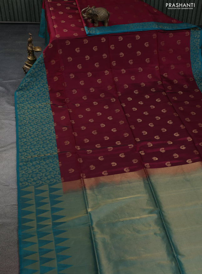 Kanchipuram soft silk saree dark magenta pink and teal green shade with allover zari woven buttas and rich zari woven border