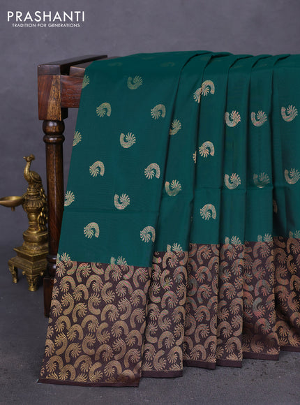 Kanchipuram soft silk saree green and coffee brown with allover zari woven buttas and rich zari woven border