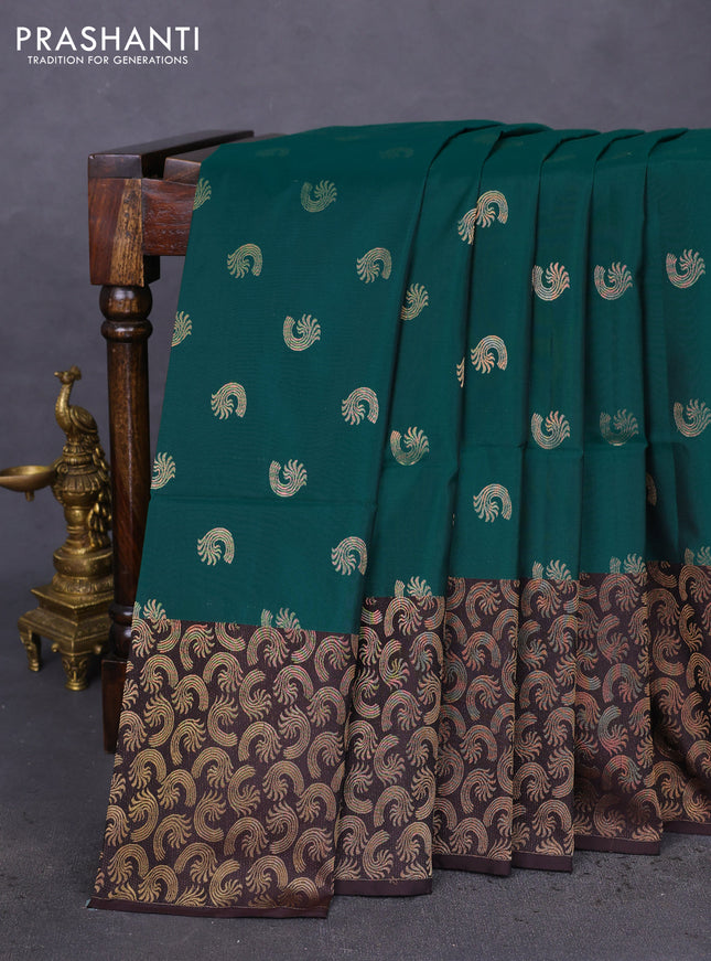 Kanchipuram soft silk saree green and coffee brown with allover zari woven buttas and rich zari woven border
