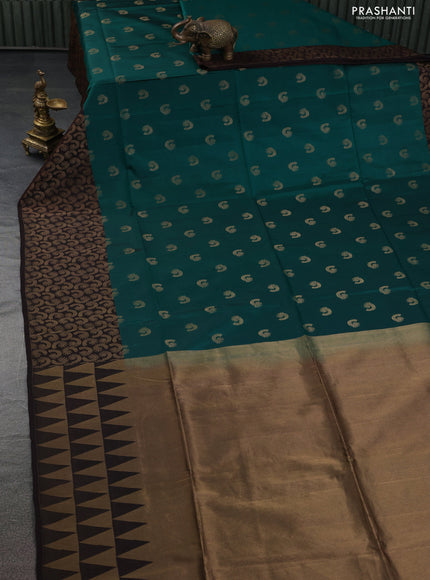 Kanchipuram soft silk saree green and coffee brown with allover zari woven buttas and rich zari woven border
