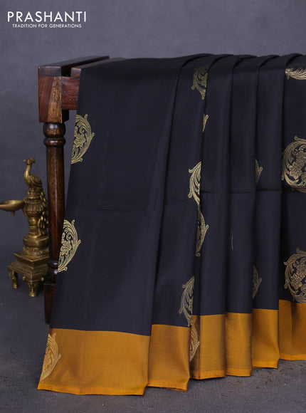 Kanchipuram soft silk saree black and dark mustard with zari woven buttas and zari woven butta border
