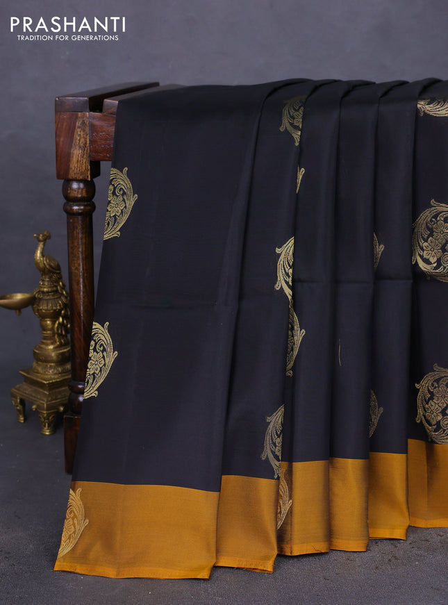 Kanchipuram soft silk saree black and dark mustard with zari woven buttas and zari woven butta border