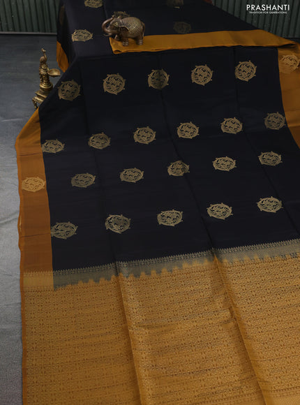 Kanchipuram soft silk saree black and dark mustard with zari woven buttas and zari woven butta border