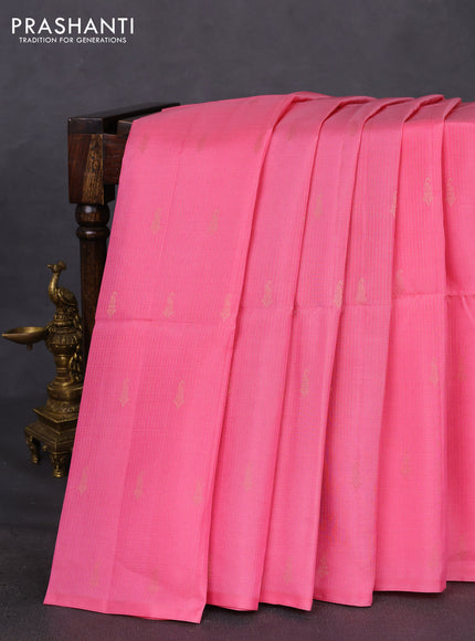 Kanchipuram soft silk saree light pink and pastel green with allover zari weaves in borderless style