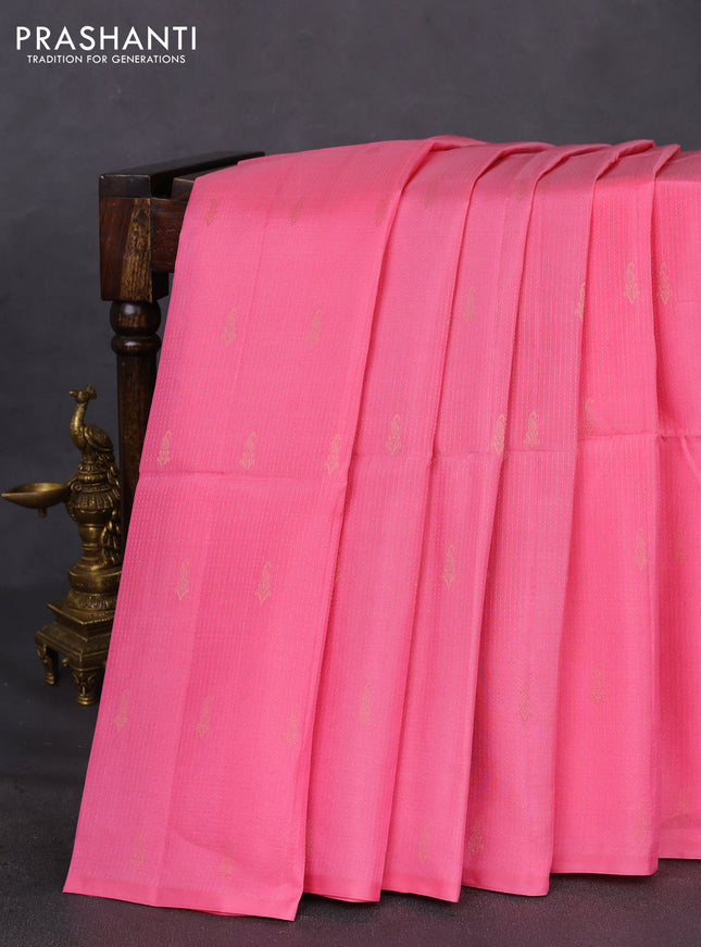 Kanchipuram soft silk saree light pink and pastel green with allover zari weaves in borderless style