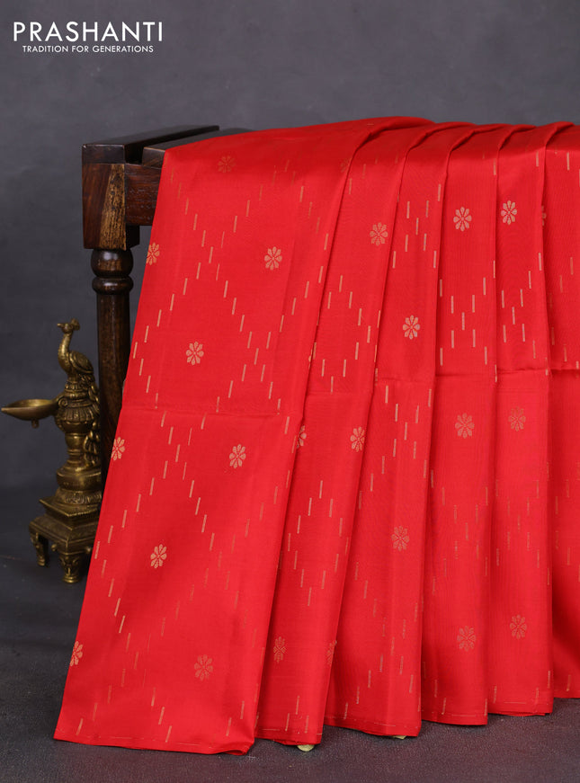 Kanchipuram soft silk saree red and pista green with zari woven buttas in borderless style