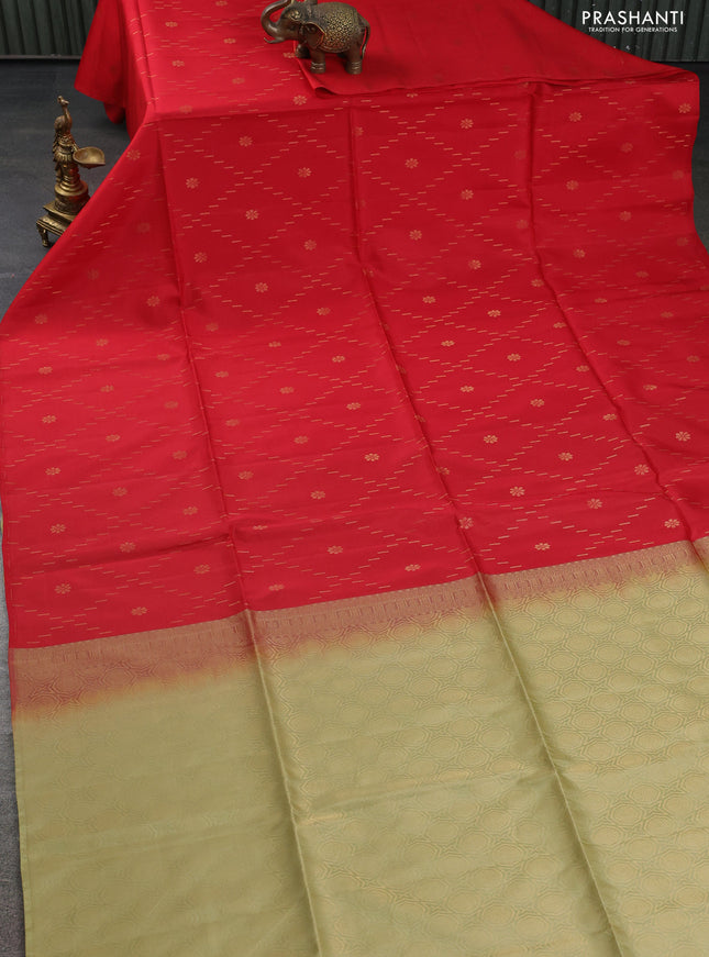 Kanchipuram soft silk saree red and pista green with zari woven buttas in borderless style