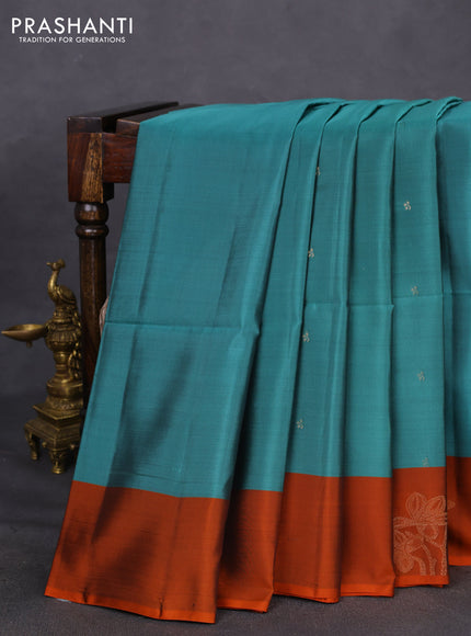 Kanchipuram soft silk saree peacock green and orange with zari woven buttas and zari woven butta border