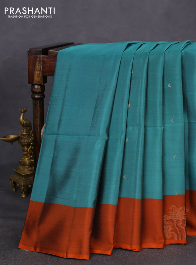 Kanchipuram soft silk saree peacock green and orange with zari woven buttas and zari woven butta border