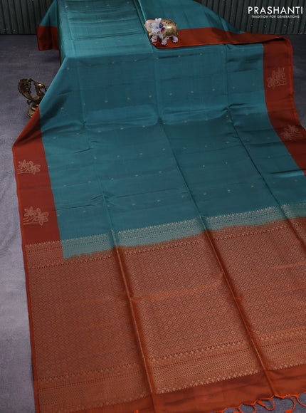 Kanchipuram soft silk saree peacock green and orange with zari woven buttas and zari woven butta border