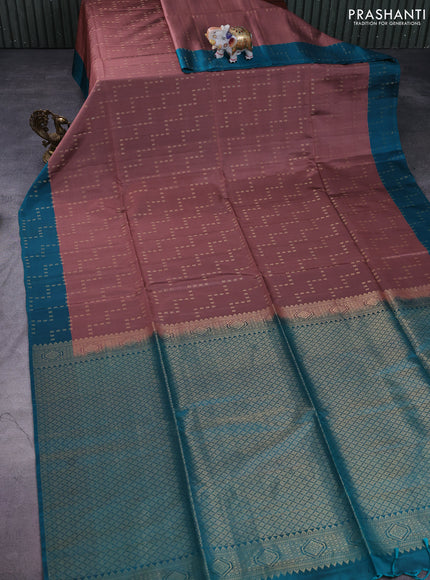 Kanchipuram soft silk saree pastel maroon and teal blue with allover zari weaves and zari woven border