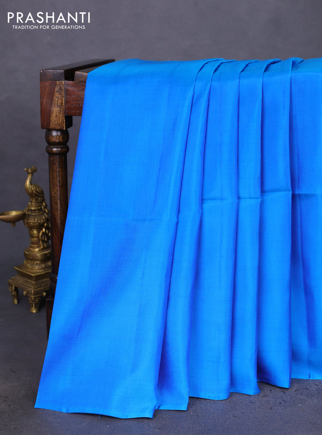 Kanchipuram soft silk saree blue and pink with plain body in borderless style