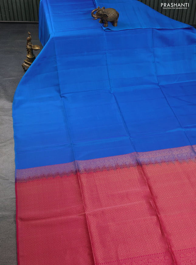 Kanchipuram soft silk saree blue and pink with plain body in borderless style