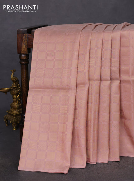 Kanchipuram soft silk saree pastel peach and green with allover zari woven brocade weaves in borderless style