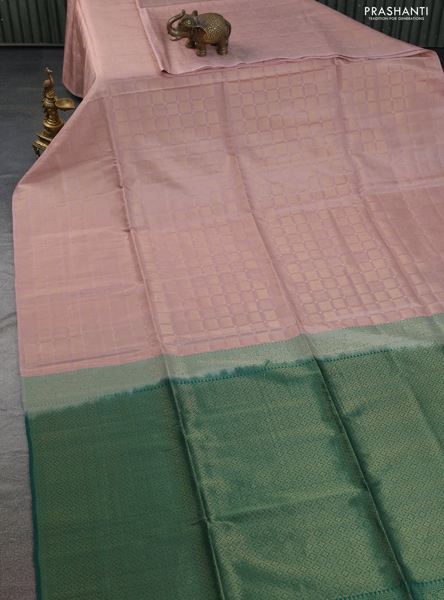 Kanchipuram soft silk saree pastel peach and green with allover zari woven brocade weaves in borderless style