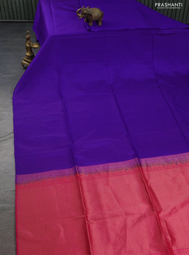 Kanchipuram soft silk saree blue and pink with plain body in borderless style