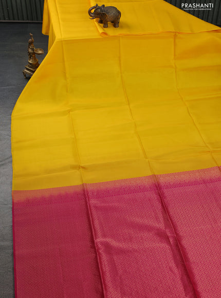 Kanchipuram soft silk saree yellow and pink with plain body in borderless style