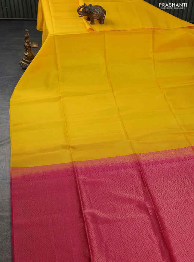 Kanchipuram soft silk saree yellow and pink with plain body in borderless style