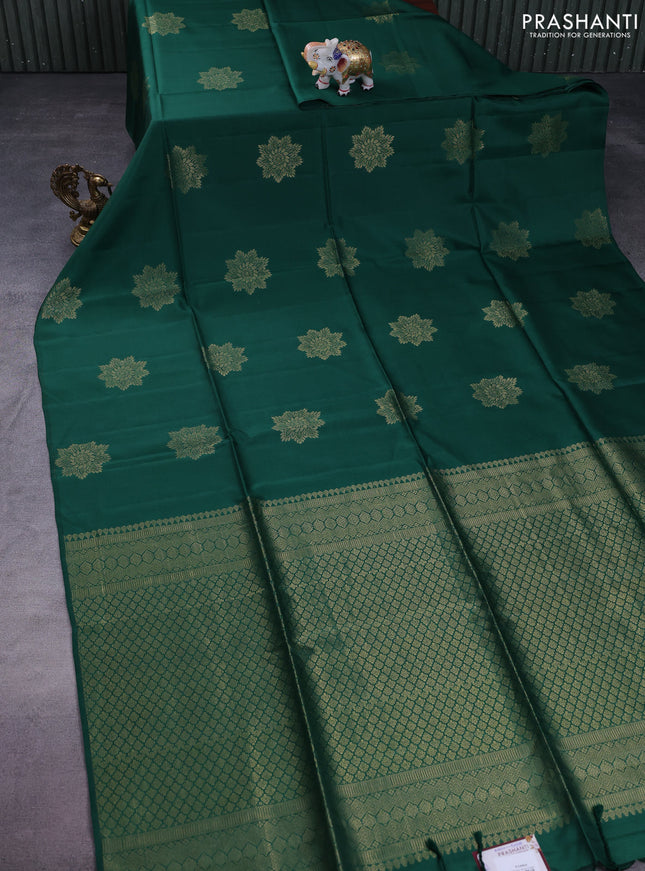 Kanchipuram soft silk saree green with zari woven buttas in borderless style