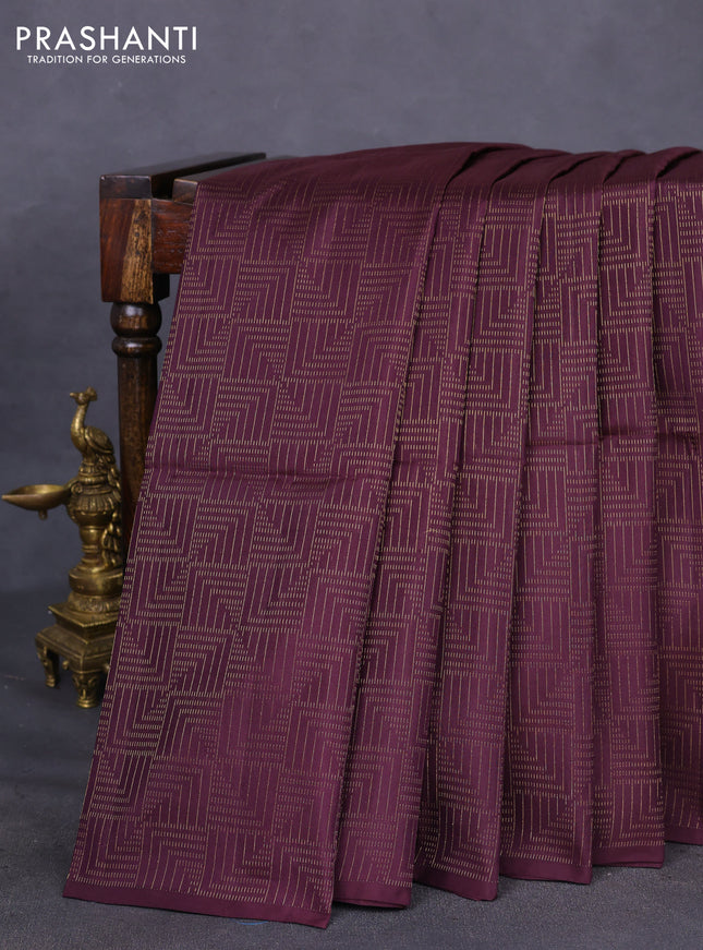 Kanchipuram soft silk saree deep wine shade and cs blue with allover zari weaves in borderless style