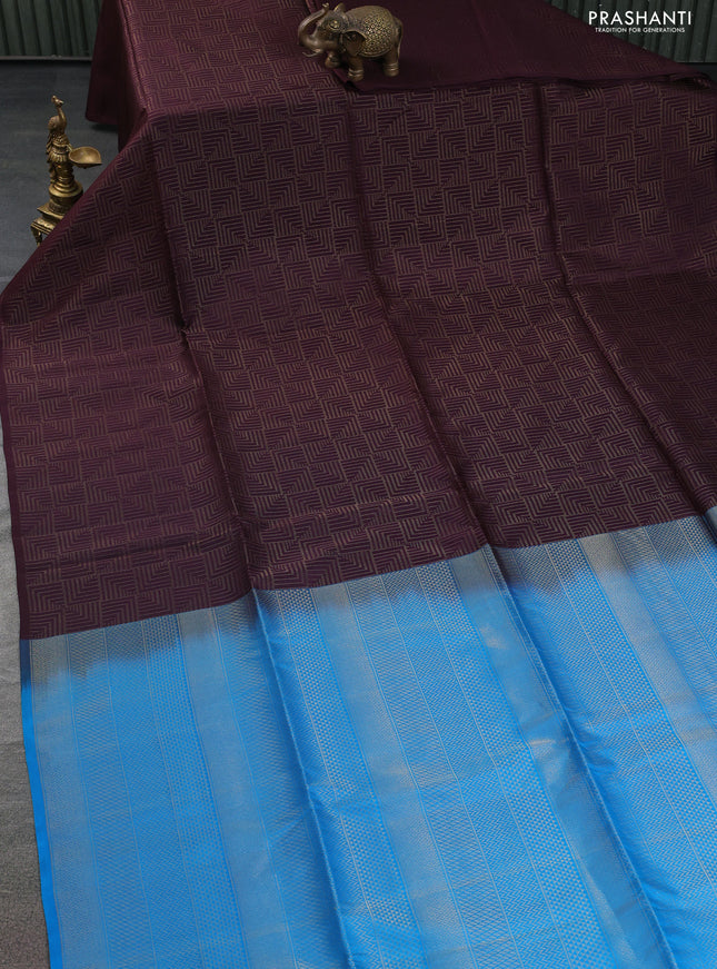 Kanchipuram soft silk saree deep wine shade and cs blue with allover zari weaves in borderless style