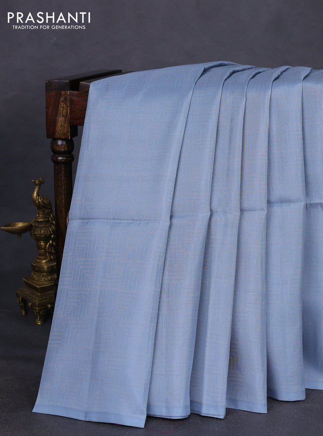 Kanchipuram soft silk saree grey and dual shade of pinkish orange with allover zari weaves in borderless style