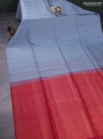 Kanchipuram soft silk saree grey and dual shade of pinkish orange with allover zari weaves in borderless style