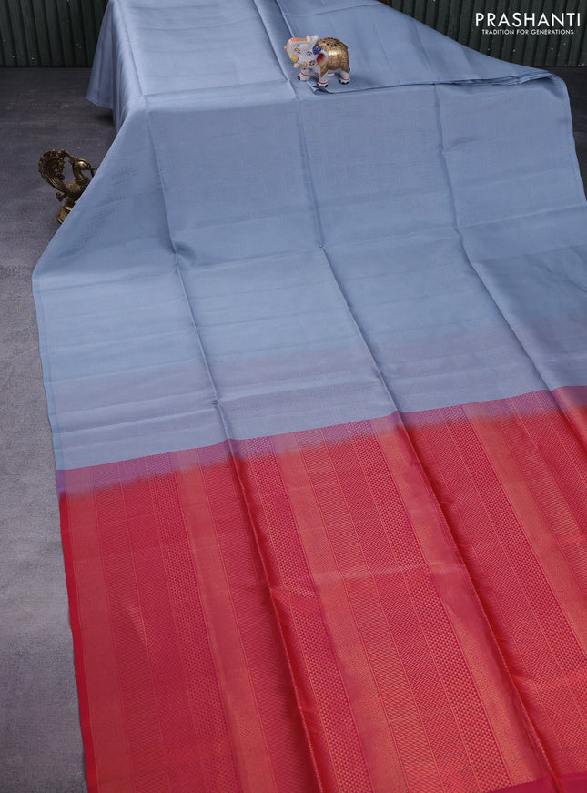 Kanchipuram soft silk saree grey and dual shade of pinkish orange with allover zari weaves in borderless style