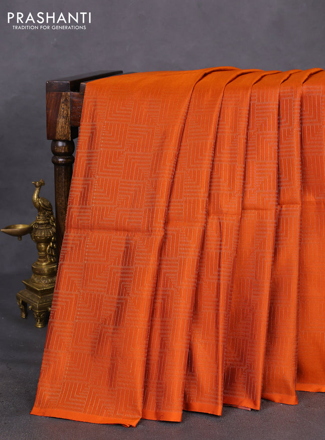Kanchipuram soft silk saree orange and cs blue with allover zari weaves in borderless style
