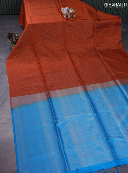 Kanchipuram soft silk saree orange and cs blue with allover zari weaves in borderless style