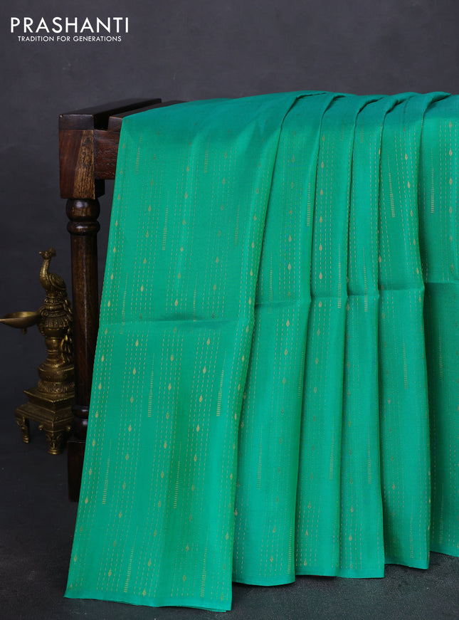 Kanchipuram soft silk saree teal green and maroon with allover zari weaves in borderless style