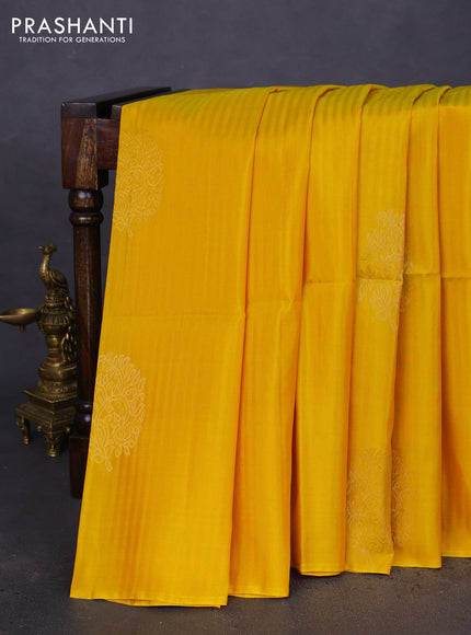 Kanchipuram soft silk saree yellow and deep maroon with zari woven buttas in borderless style