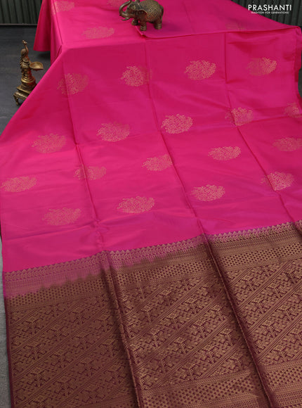 Kanchipuram soft silk saree pink and deep maroon with zari woven buttas in borderless style