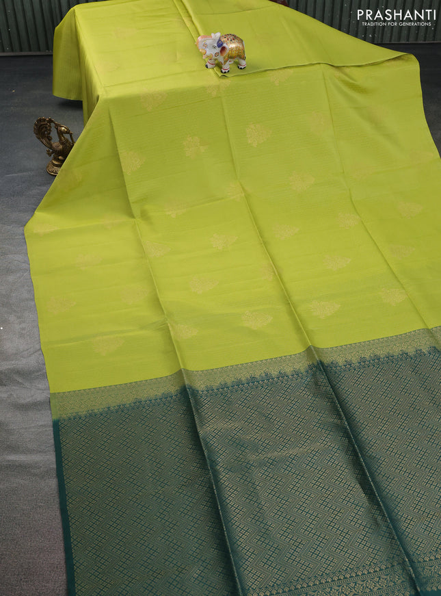 Kanchipuram soft silk saree light green and dark green with allover zari weaves & buttas in borderless style