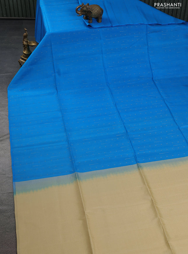 Kanchipuram soft silk saree blue and cream with allover zari weaves & buttas in borderless style