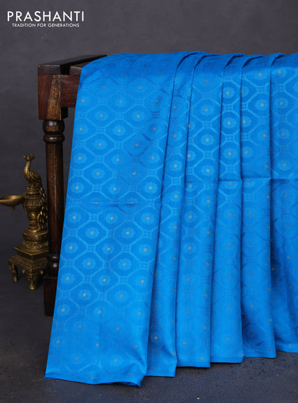 Kanchipuram soft silk saree cs blue and dark pink with allover self emboss & zari buttas in borderless style