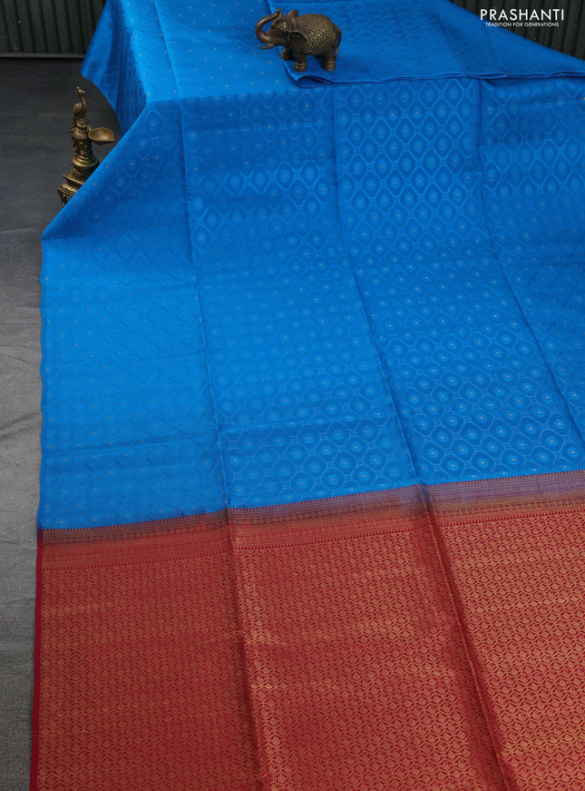 Kanchipuram soft silk saree cs blue and dark pink with allover self emboss & zari buttas in borderless style