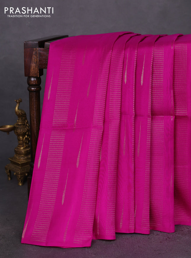 Kanchipuram soft silk saree magenta pink and blue with allover zari weaves & buttas in borderless style