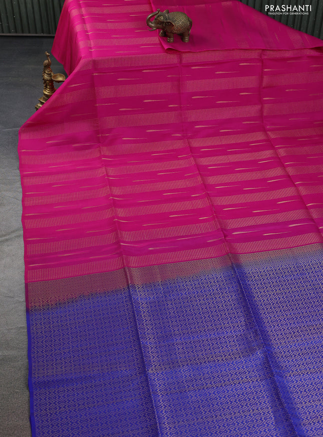 Kanchipuram soft silk saree magenta pink and blue with allover zari weaves & buttas in borderless style